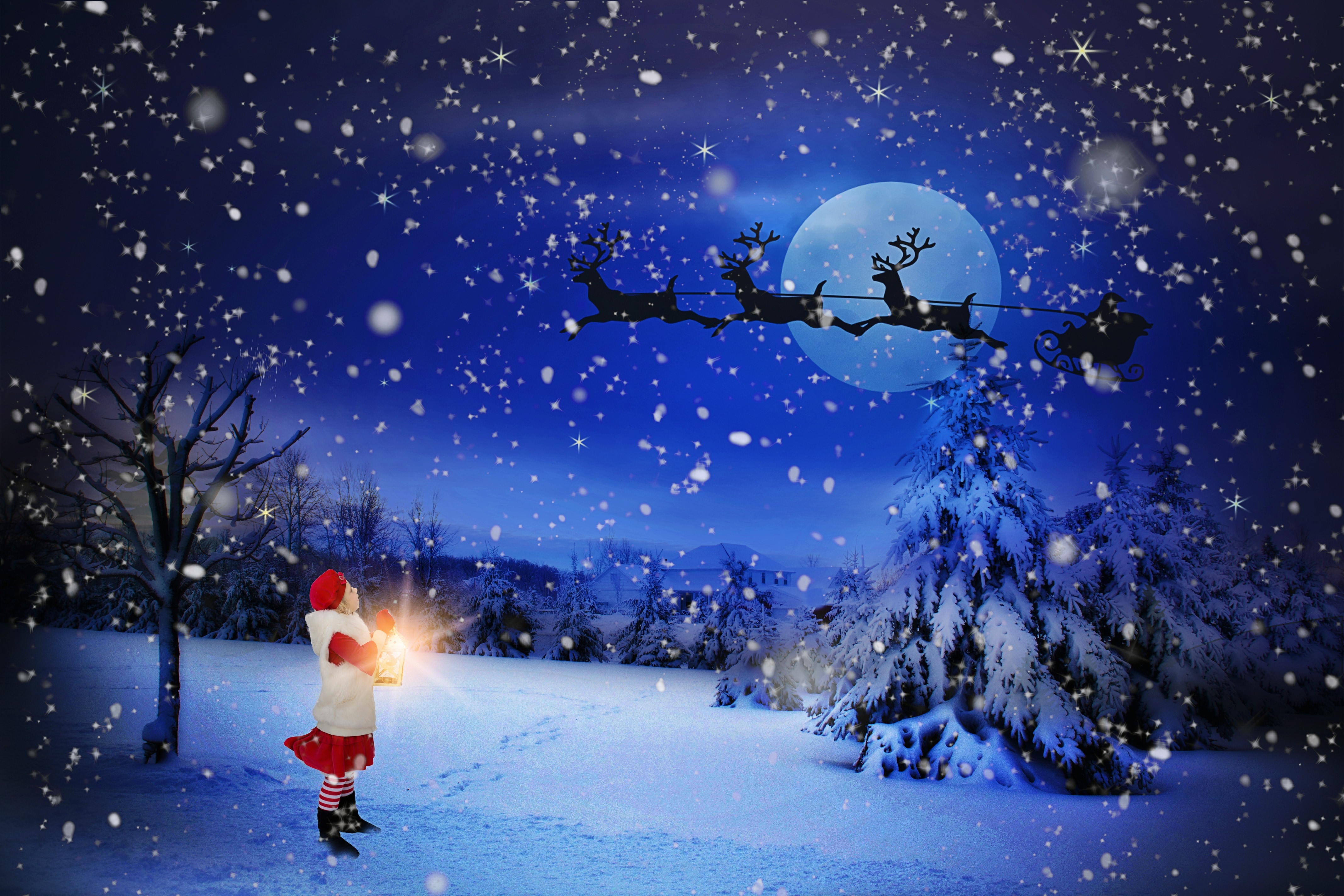 person and reindeer in snow season during night time animated illustration