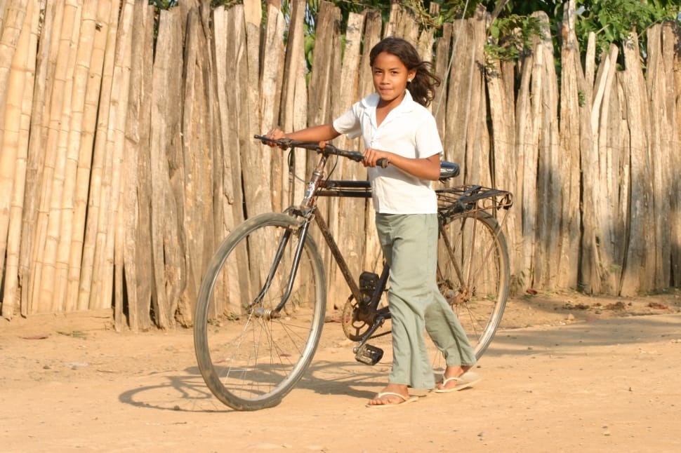 girl holding brown bicycke preview