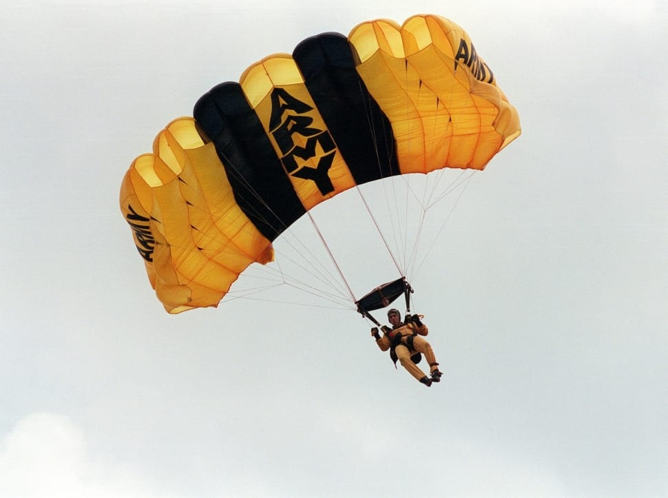 man riding on Army Paraglider during daytime preview