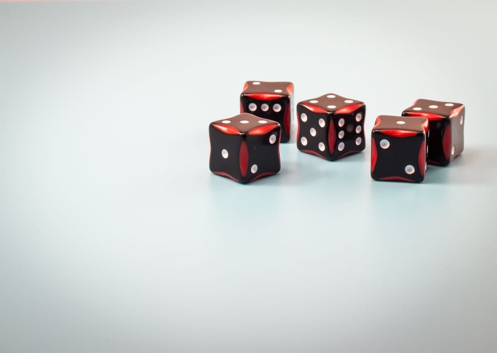 5 red and black dices on white surface free image - Peakpx