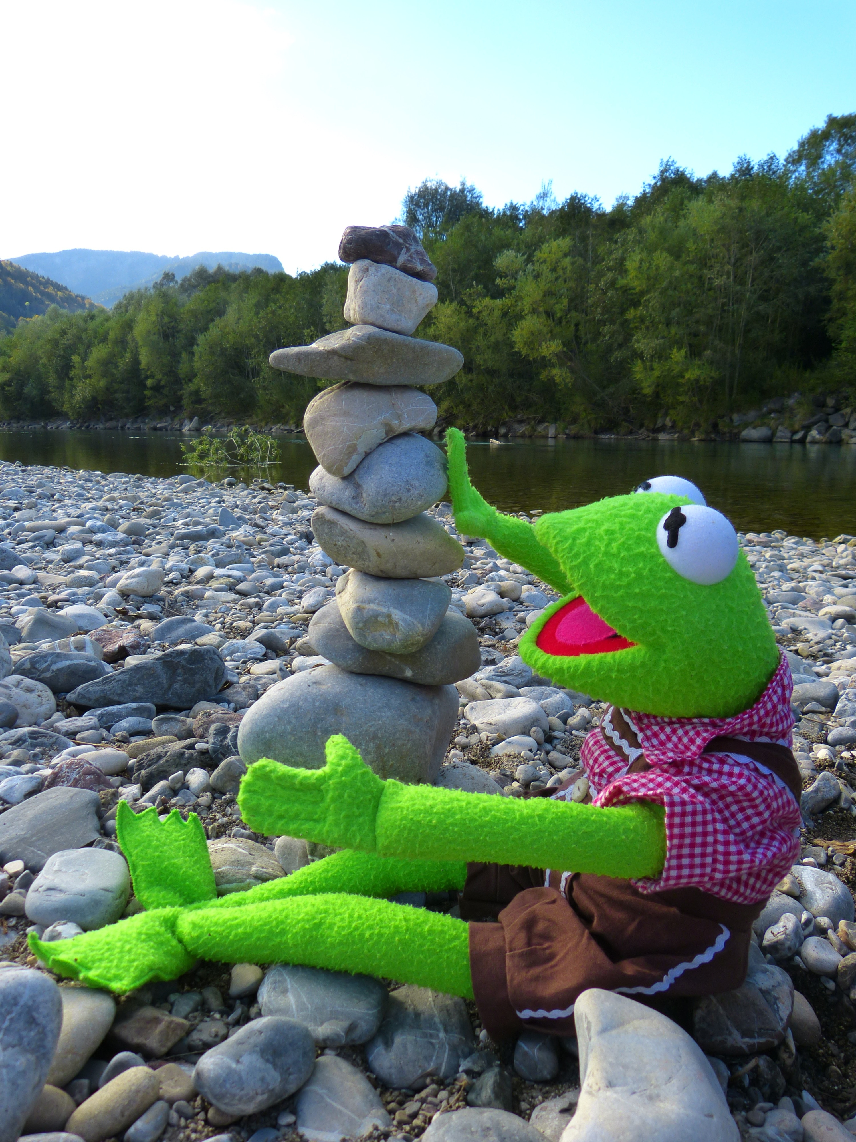 Cairn, Kermit, Stones, Frog, Build Tower, day, outdoors