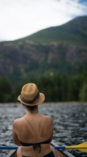 women's brown hat and black bikini set thumbnail