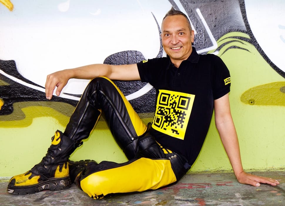 men's black and yellow qr code printed shirt and black and yellow pants outfit preview