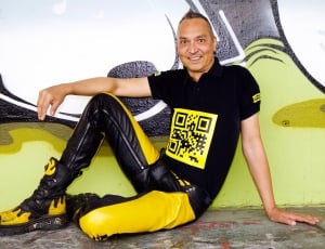 men's black and yellow qr code printed shirt and black and yellow pants outfit thumbnail
