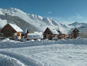 brown wooden houses covered with snow thumbnail