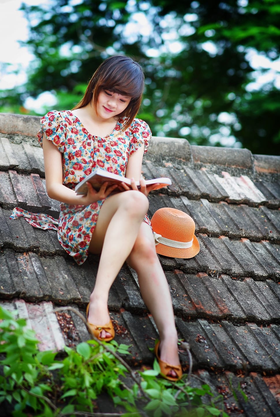 woman in blue red and brown floral scoop neck short sleeve mini dress reading book on gray roof shingles beside orange hat preview
