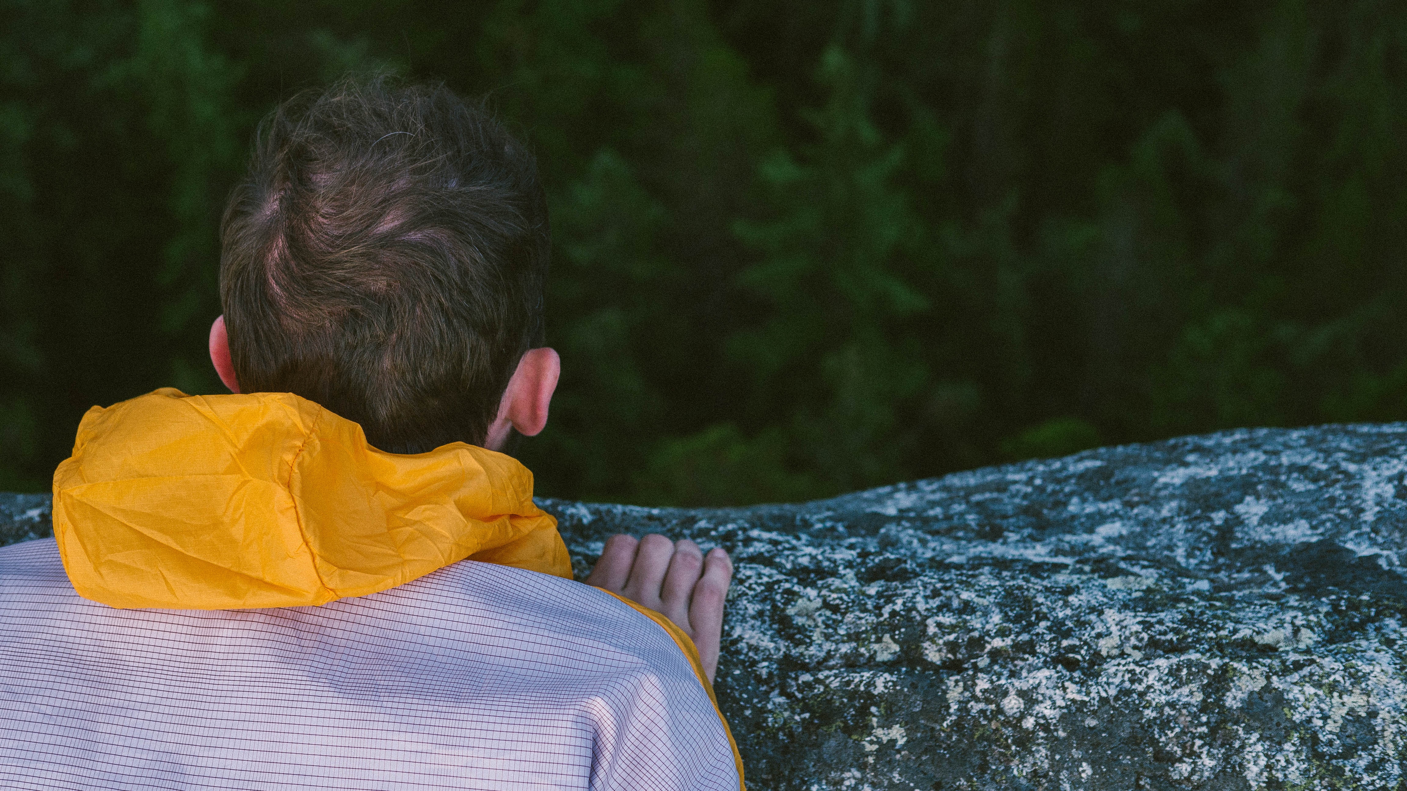 person wearing white and yellow jacket looking at trees