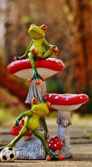 two frog on red mushroom statue in macro photography thumbnail
