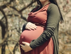 pregnant woman wearing brown jacket and red dress thumbnail