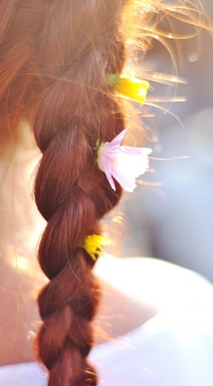 Red, Hair, Braid, Flowers, Summer, close-up, braided thumbnail