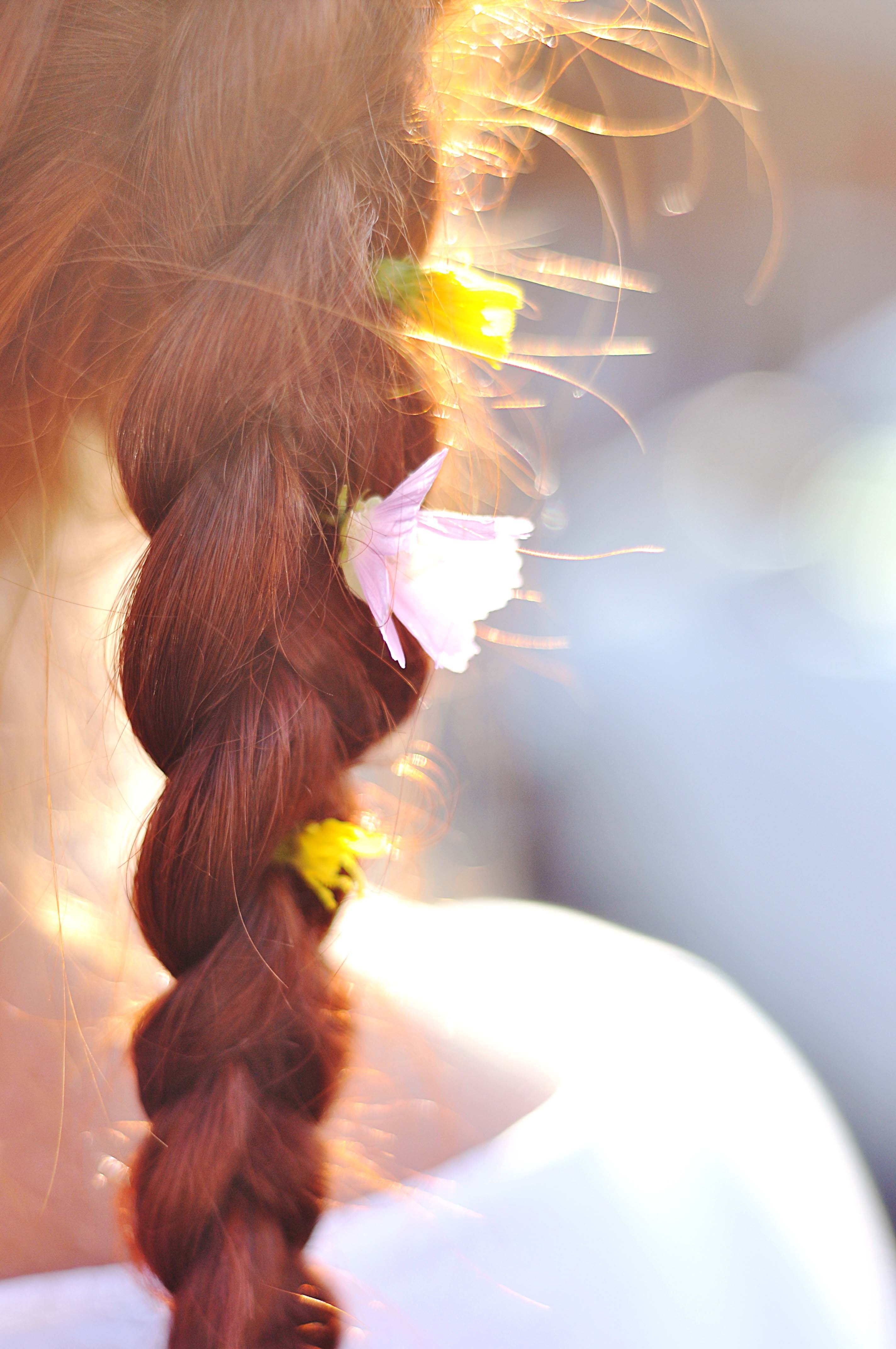 Red, Hair, Braid, Flowers, Summer, close-up, braided