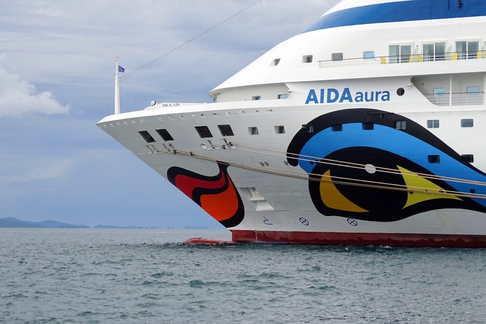 white , red, and blue aida aura cruiseship on body of water preview