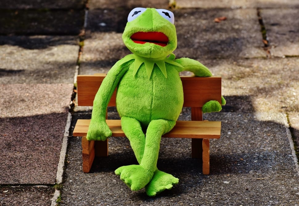 green frog plush toy sitting on miniature bench preview