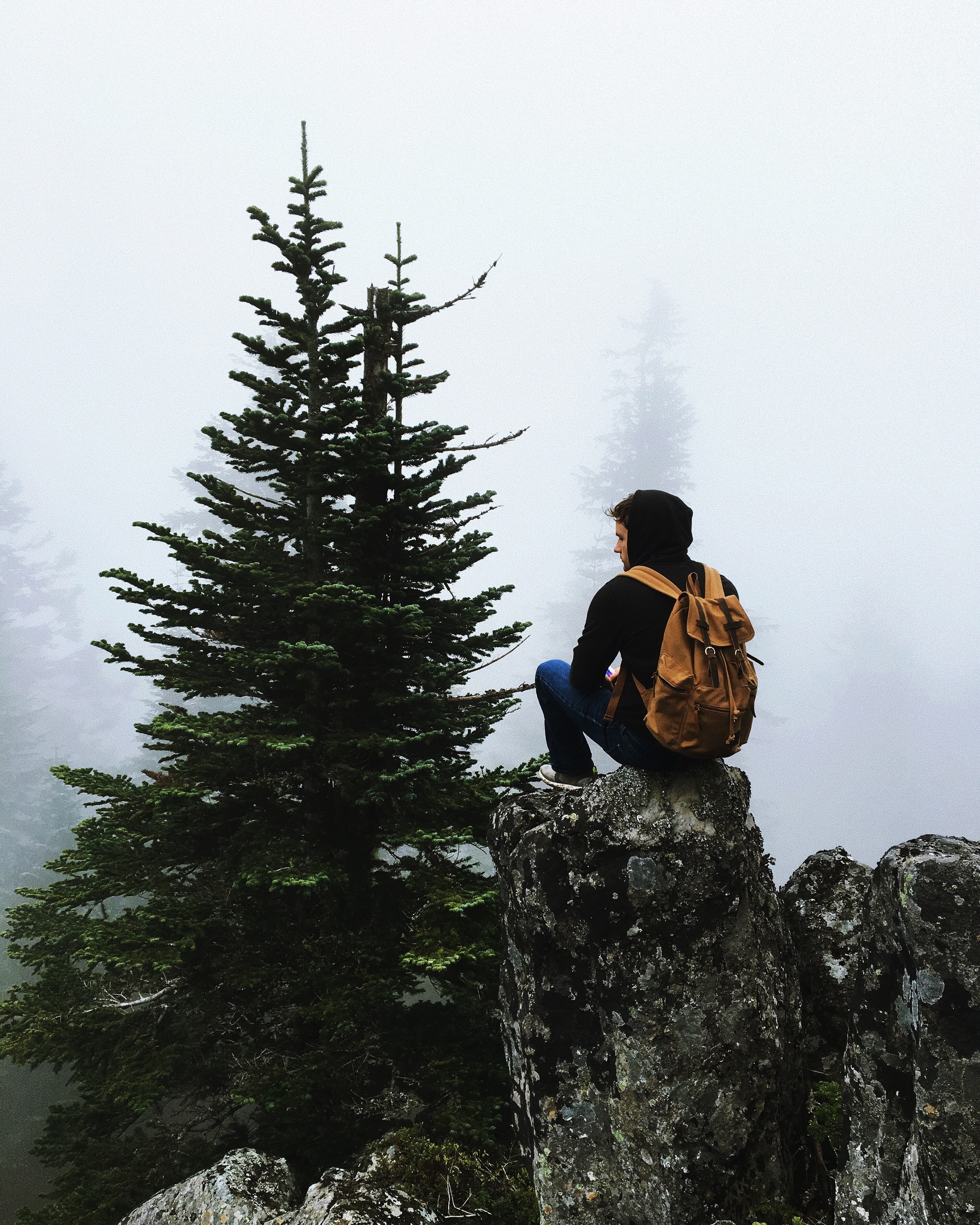 man in black hoodie and blue jeans carrying orange backpack sitting on brown rock on mountain covered with fog