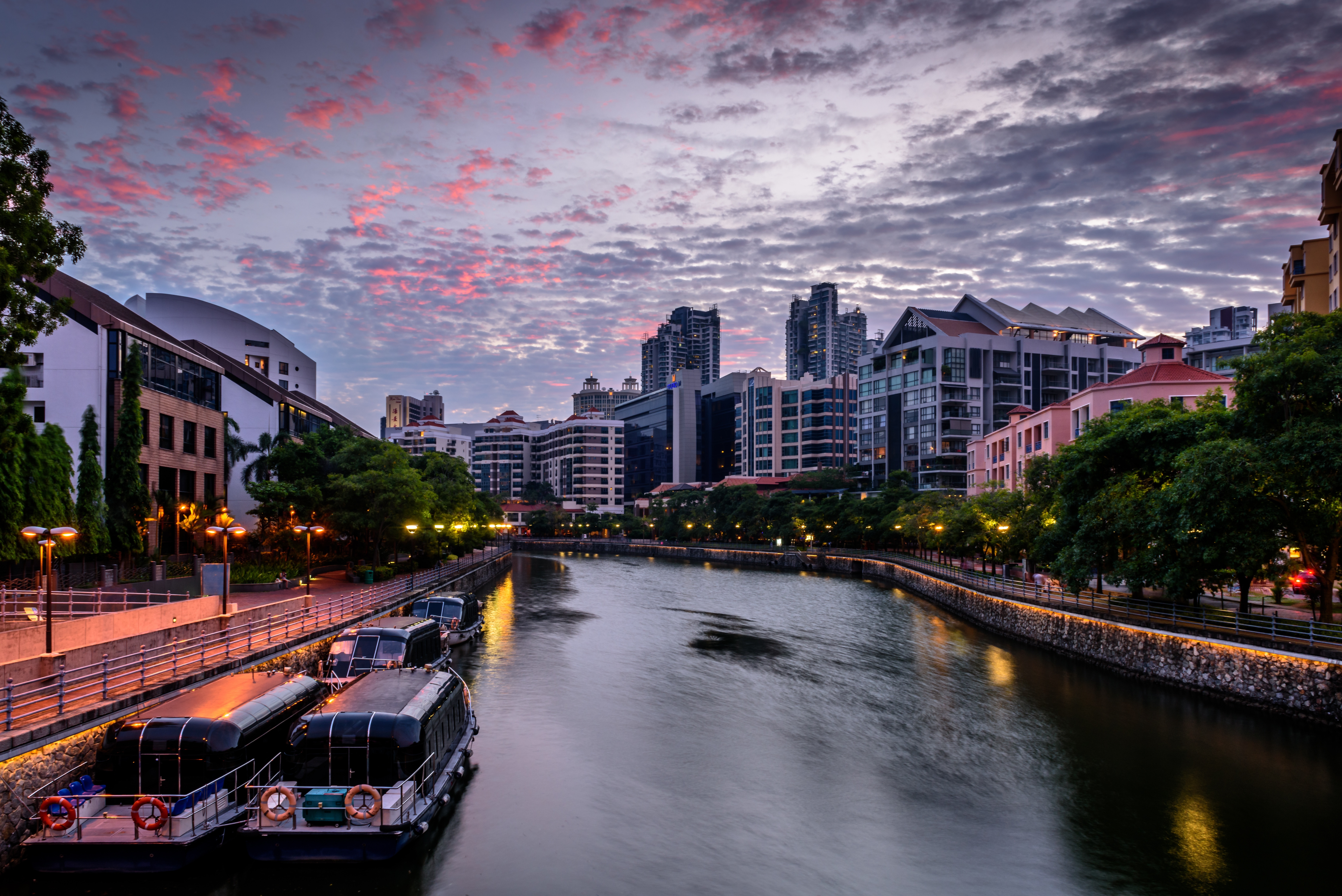 clouds, sky, canal, boat, architecture, city