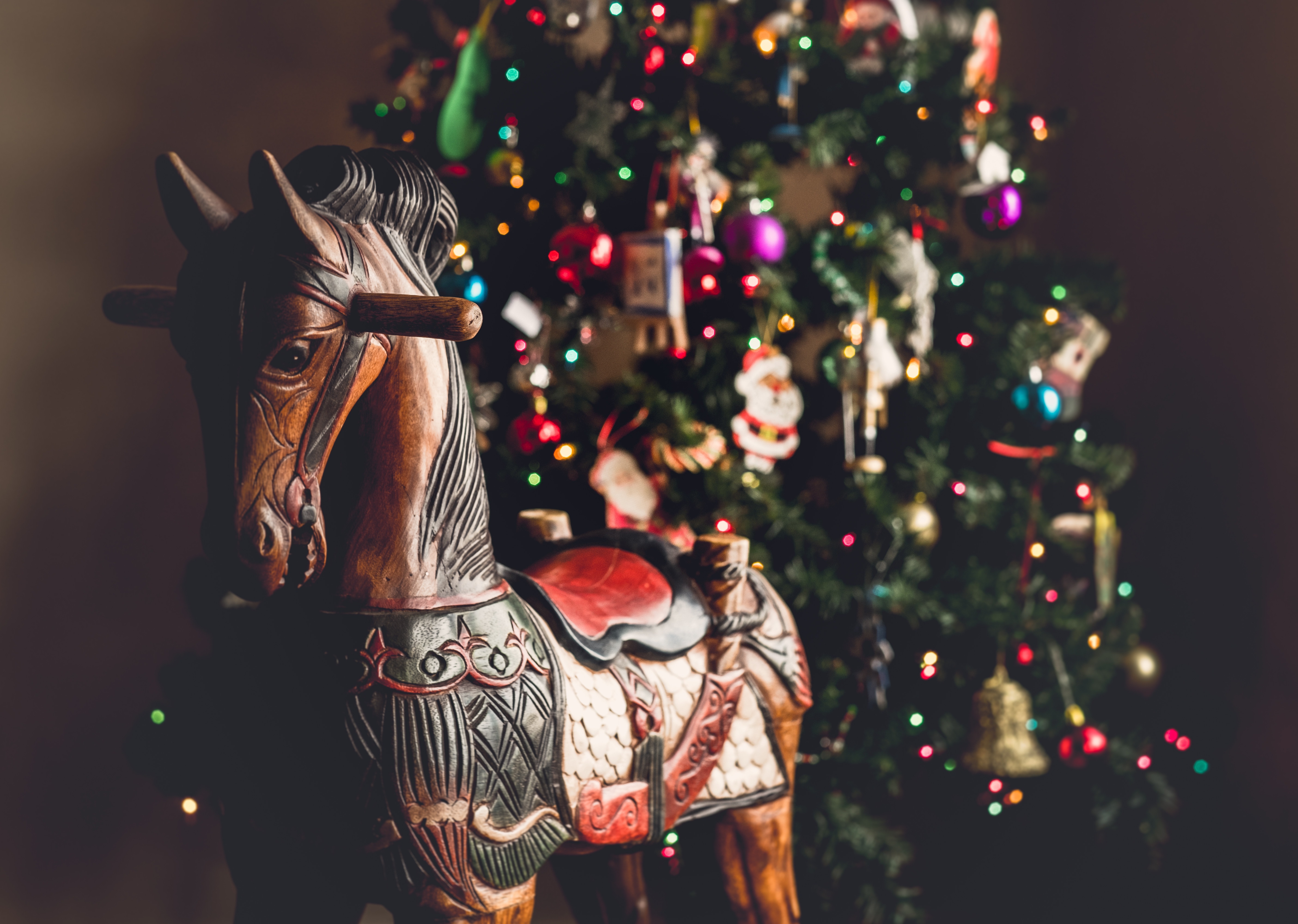 christmas, tree, ball, lights, horse, christmas