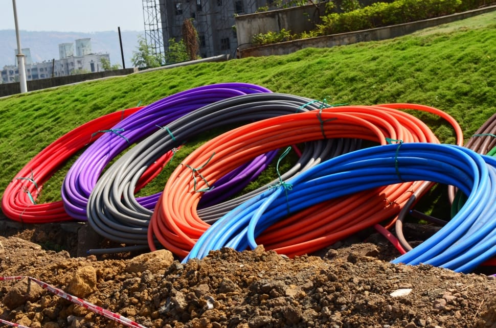 five red, purple, gray, orange, and blue hoses preview