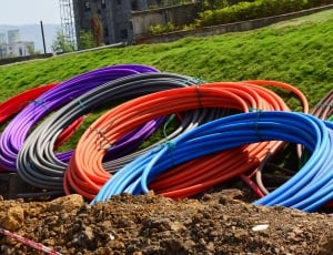 five red, purple, gray, orange, and blue hoses thumbnail