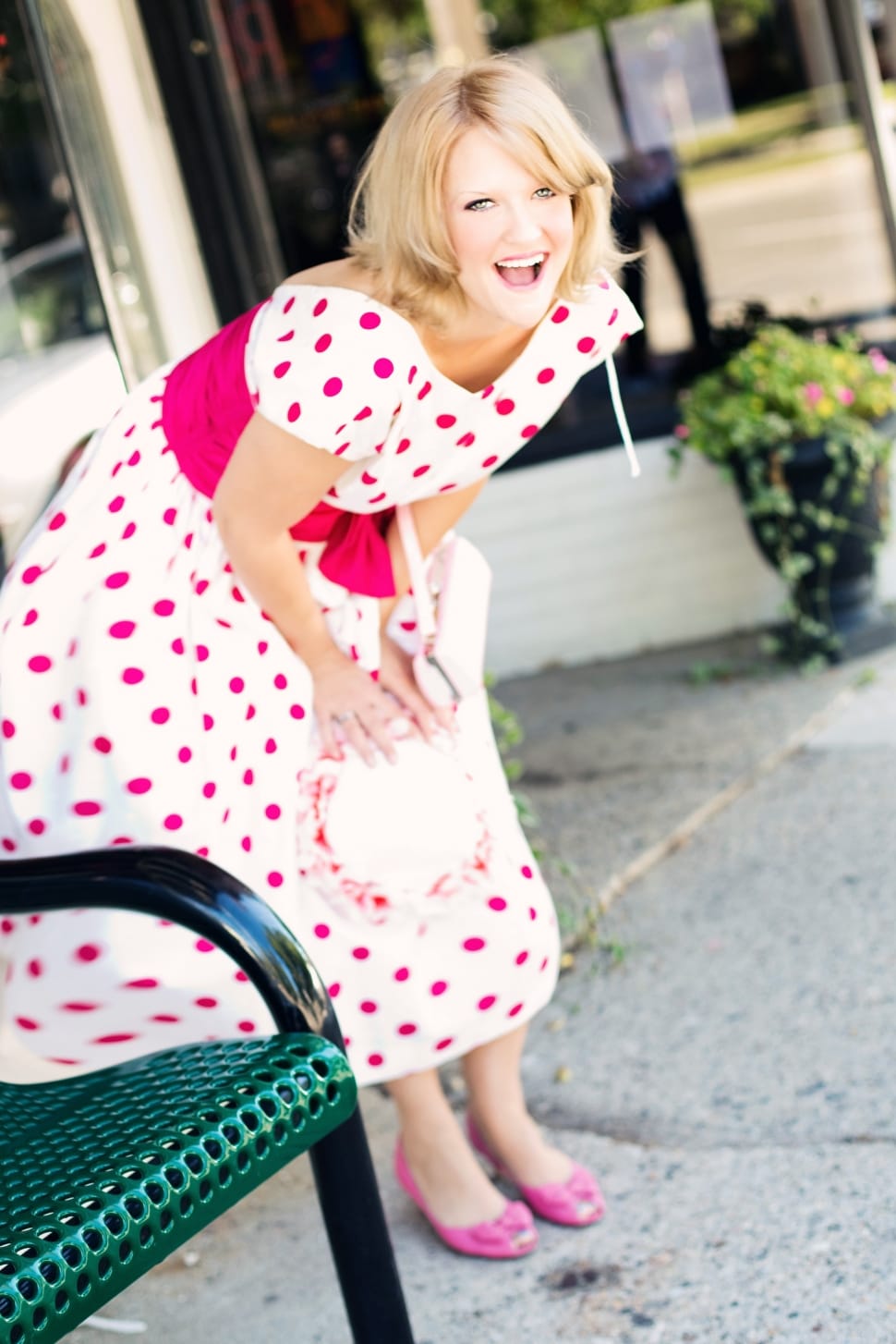 women's pink and white polka dot dress and pink patent leather pumps preview
