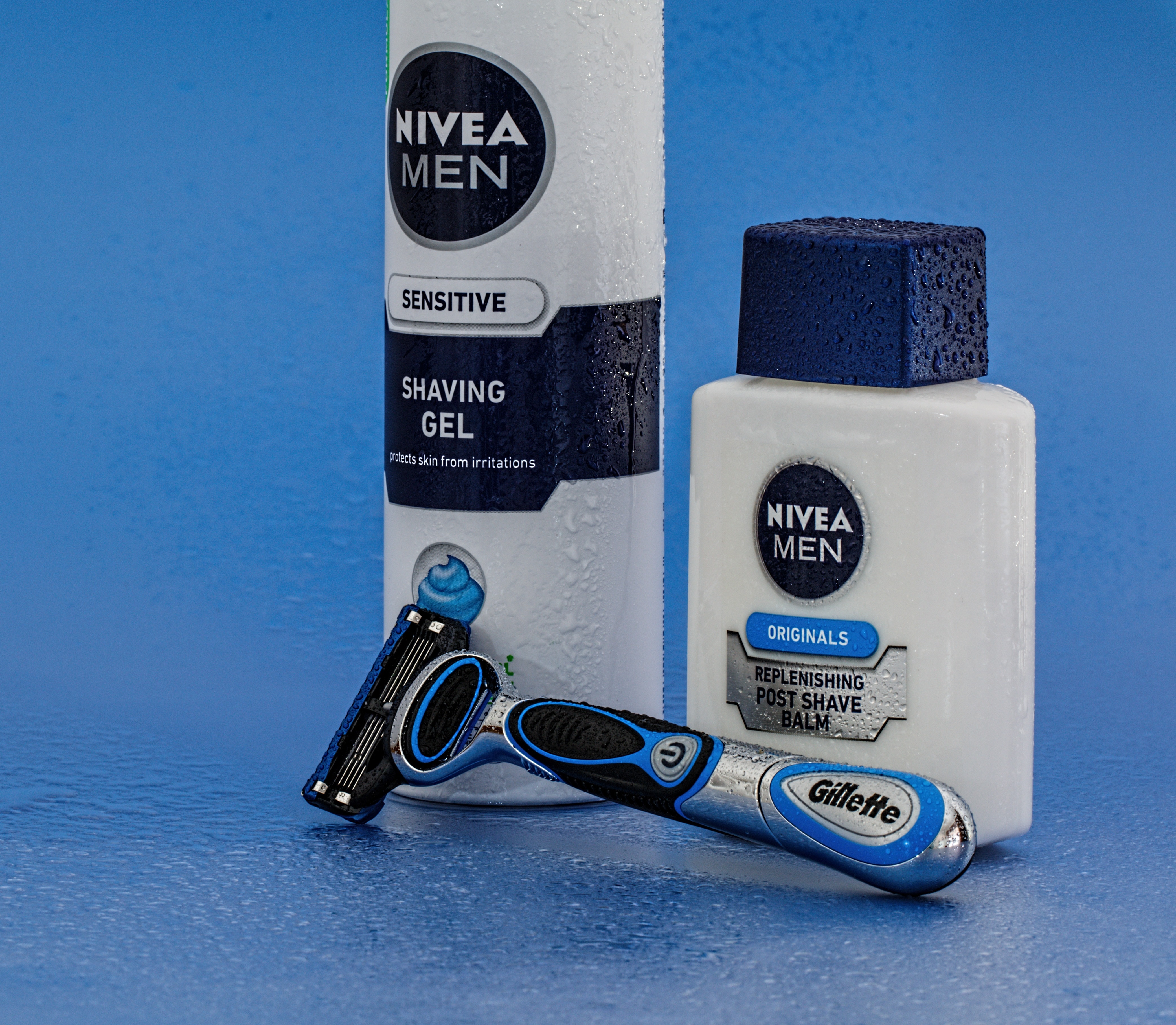 two Nivea Men Shaving Gel and Post Shave Balm with Gilette shaver