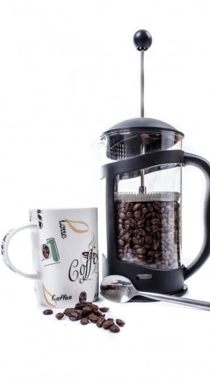 black press coffeemaker and white ceramic mug thumbnail