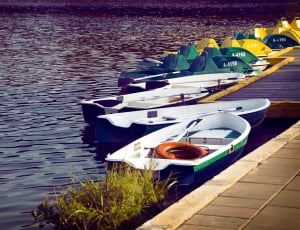canoes and pedal boats on body of water thumbnail