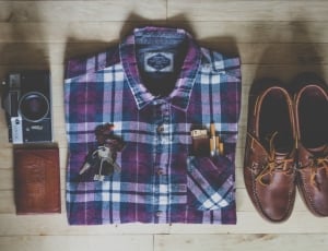 purple white and black plaid dress shirt with boat shoes thumbnail