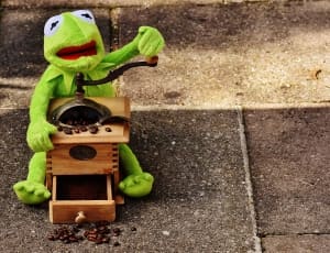 green frog plush toy and brown wood manual coffee grinder thumbnail