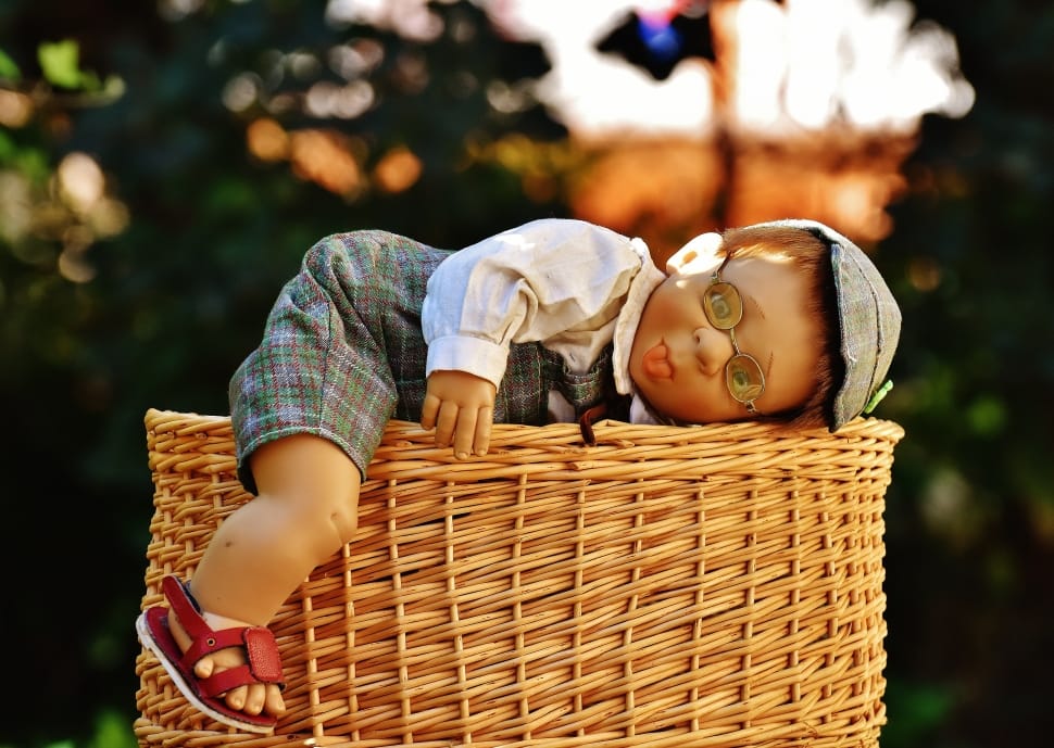 baby doll and brown wicker basket preview