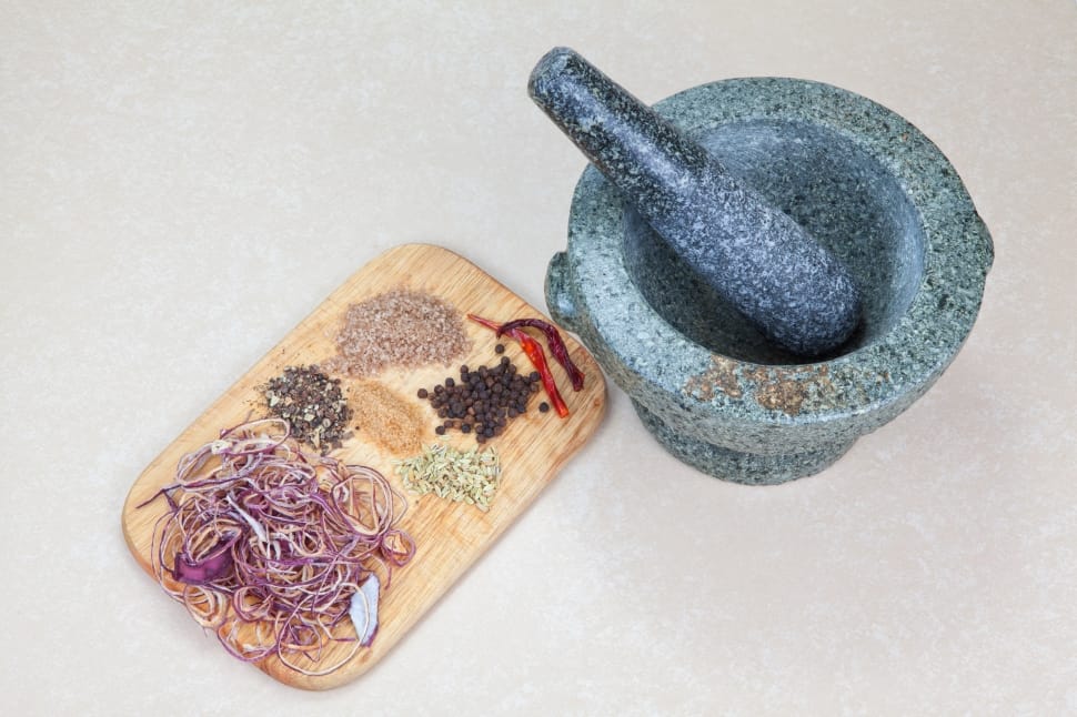 gray mortar and pestle and chopping board preview