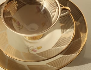white brown and gold teacup and 2 round plates thumbnail