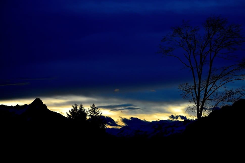 blue sky and silhouette of trees and mountain during dusk preview