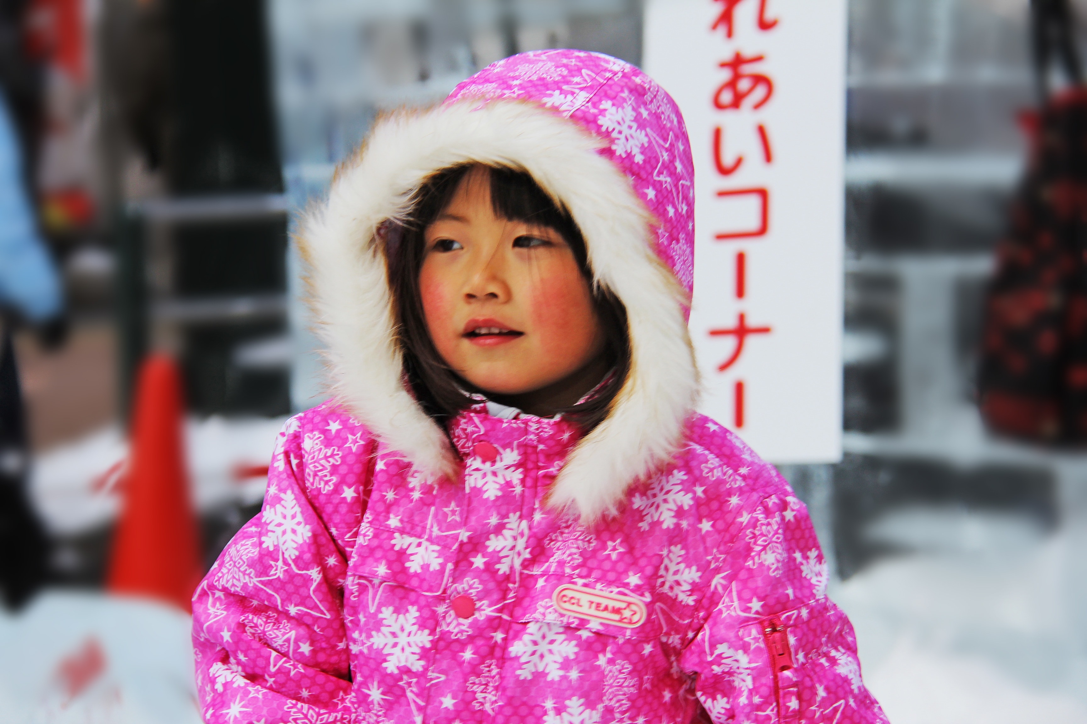 toddler girl's pink and white multi snowflake print fur line snow jacket