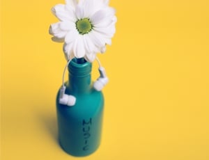 white petaled flower in green bottle and white earphones thumbnail
