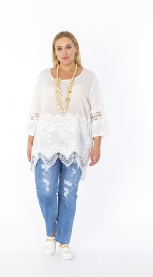 white scoop neck top and blue jeans thumbnail