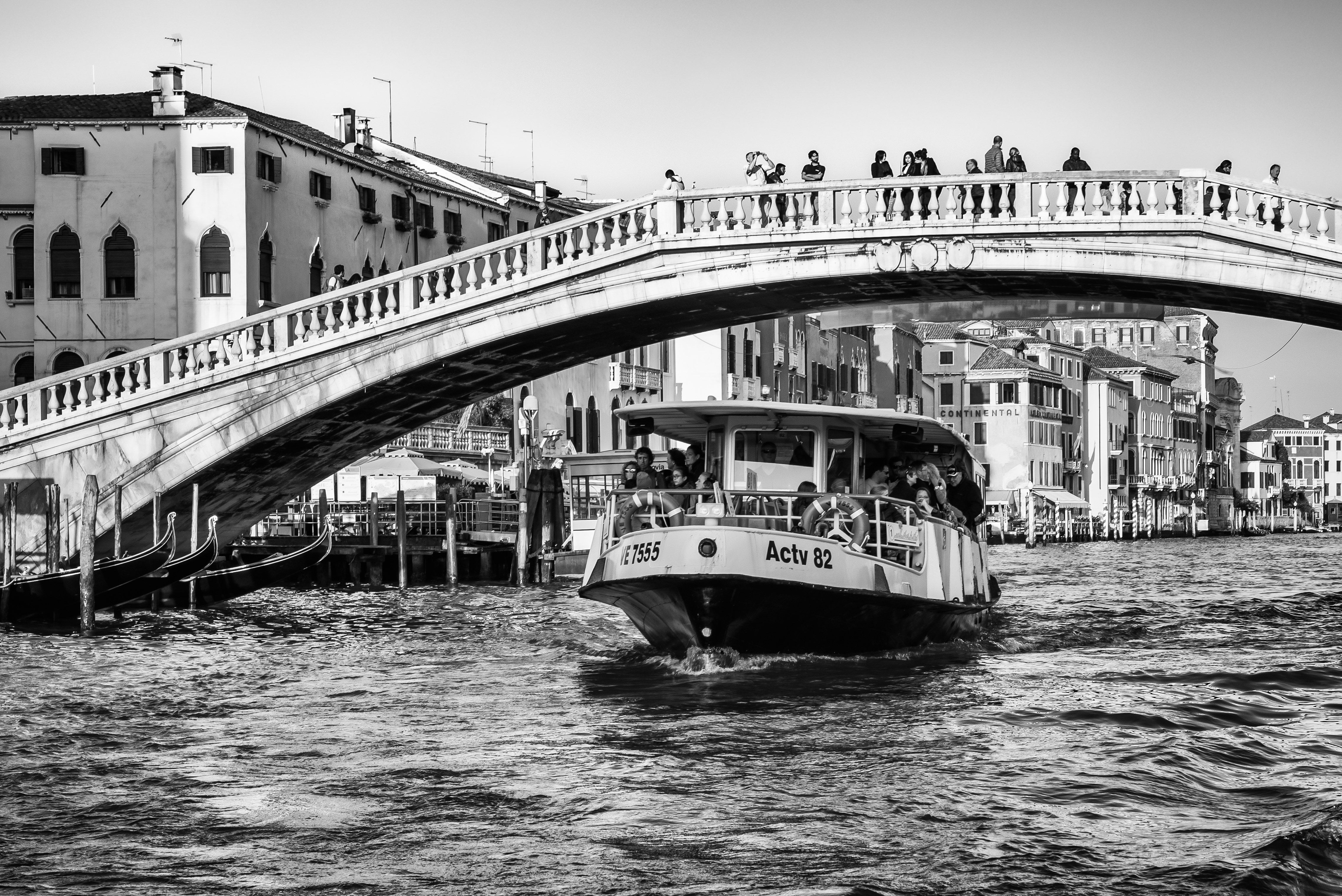 ferry under bridge grayscale photo