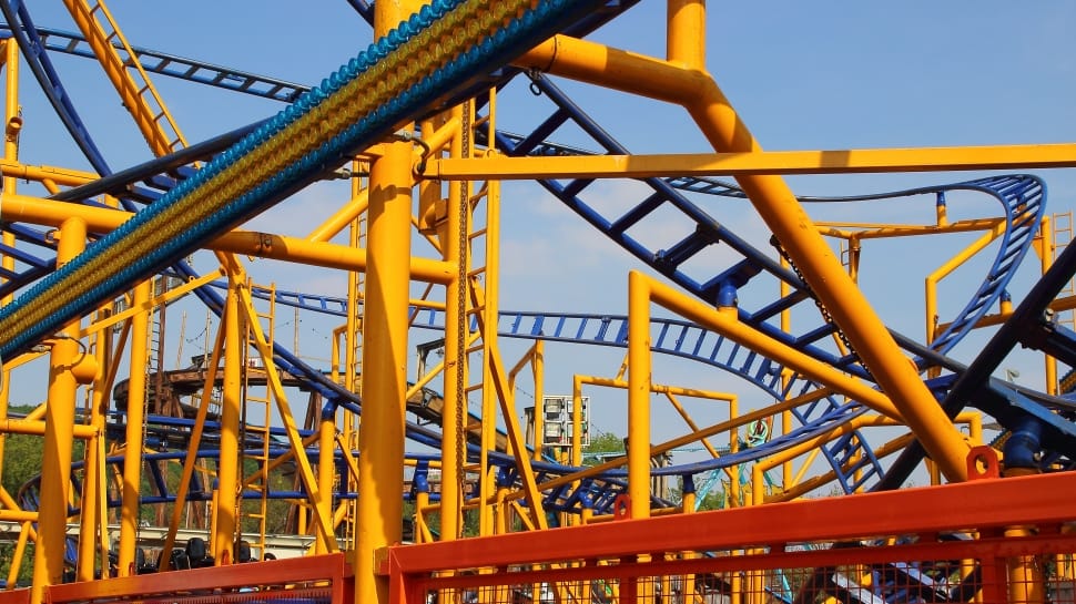 yellow and red steel  roller coaster preview