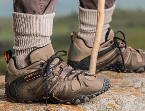 men's brown leather merrel hiking shoes thumbnail