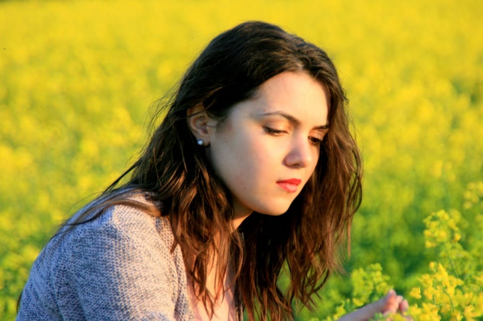 woman in gray shirt sitting on yellow flower fields at daytime preview
