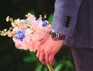 pink blue and white flower and grey dress suit thumbnail