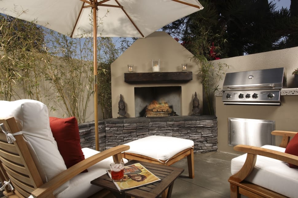 fireplace, range hood patio chair and parasol preview