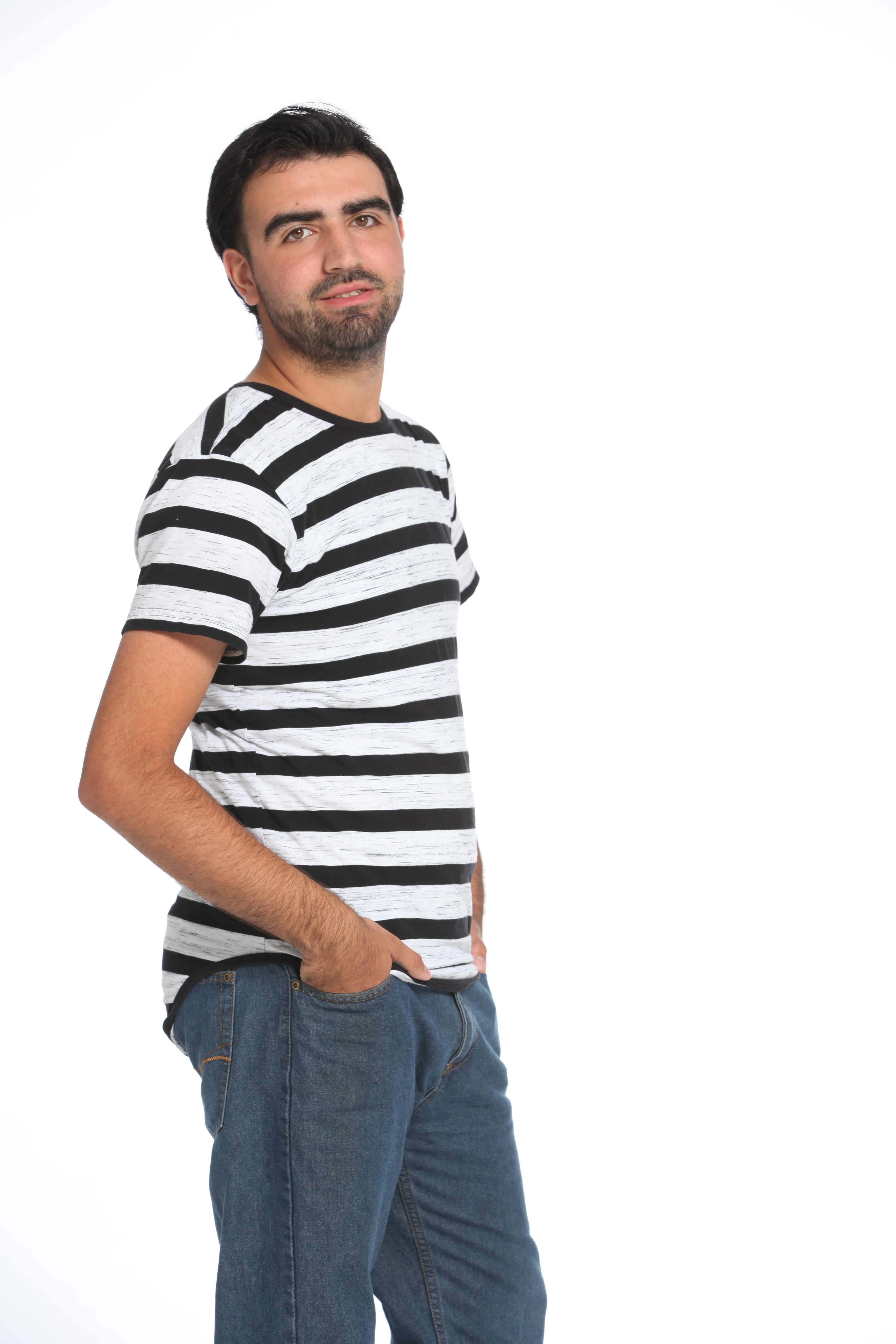 men's white and black striped crew neck short
