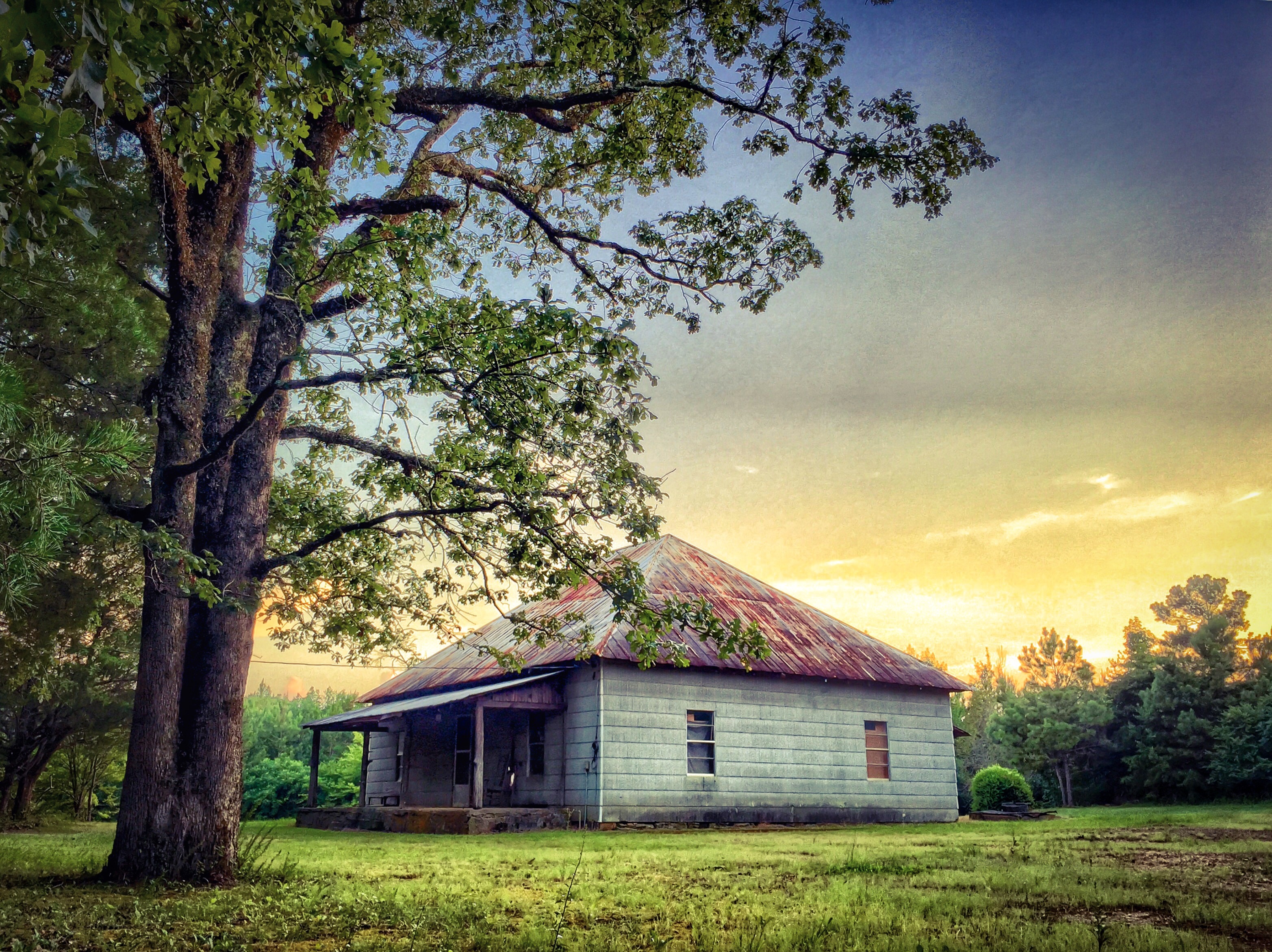 trees, house with wooden roof, HDR, colorful sky,rural farm