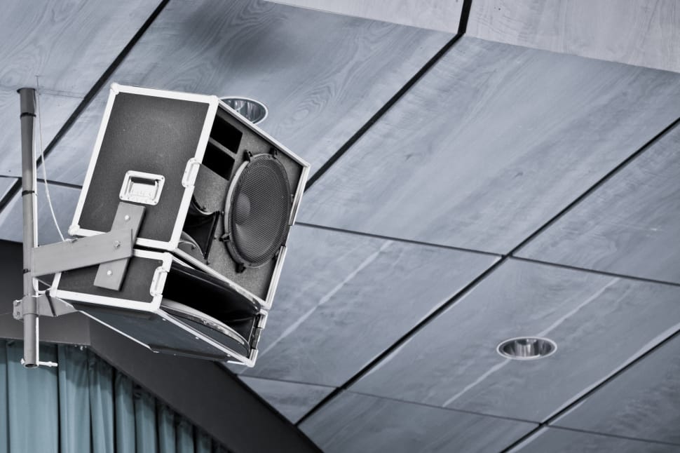 black and gray wall mounted satellite speaker preview