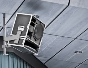 black and gray wall mounted satellite speaker thumbnail
