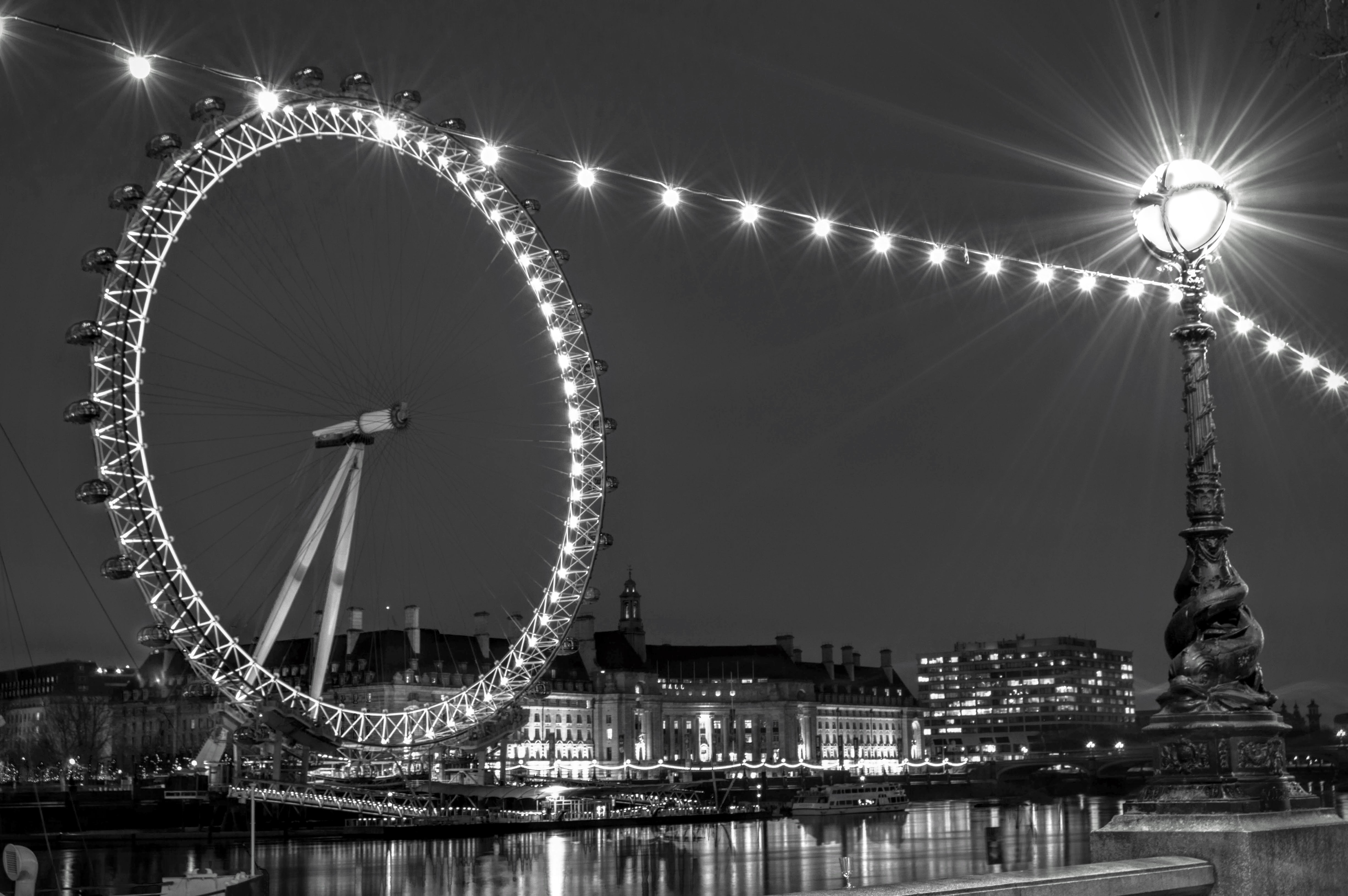 grayscale photography of london eye