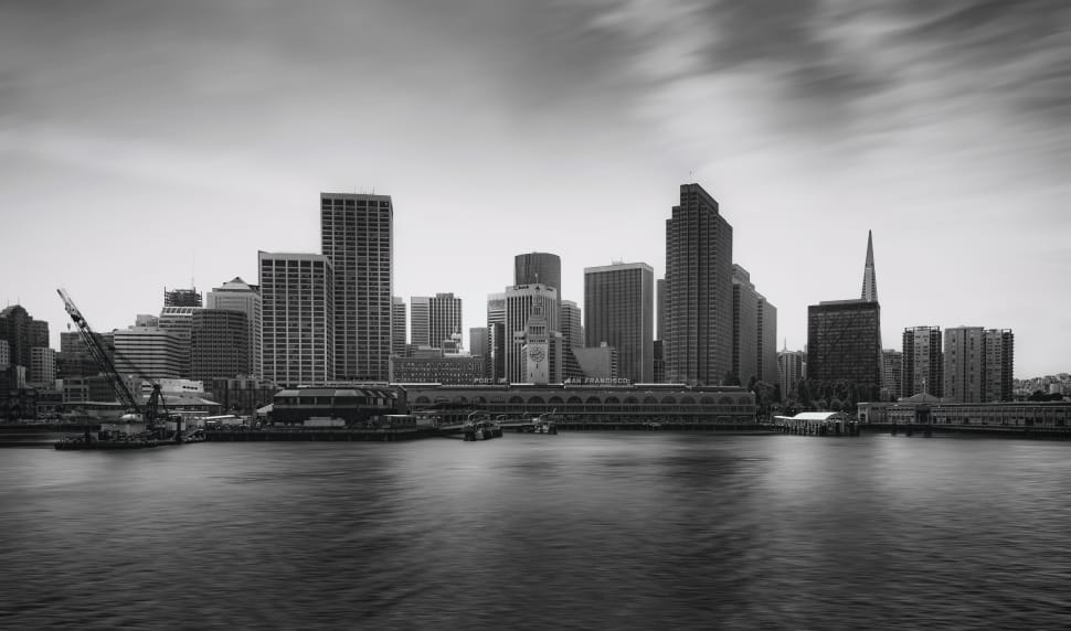 gray scale photo of city with small body of water preview