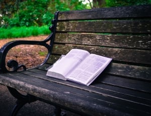 black steel framed brown wooden bench and an open book thumbnail