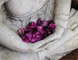 white concrete statue with purple petal flower thumbnail