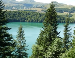 lake surrounded with green grass covered mountain and green trees thumbnail